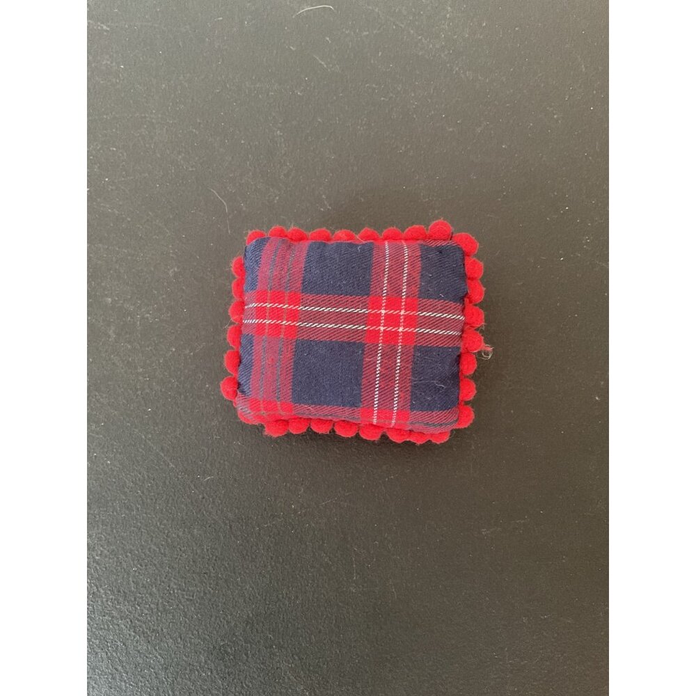 Plaid Dollhouse Pillow With Red Pom Pom Trim